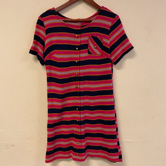 Vintage 70s Handmade Striped Mod Knit Sweater Shift Dress | Size M/L - Picture 4 of 12